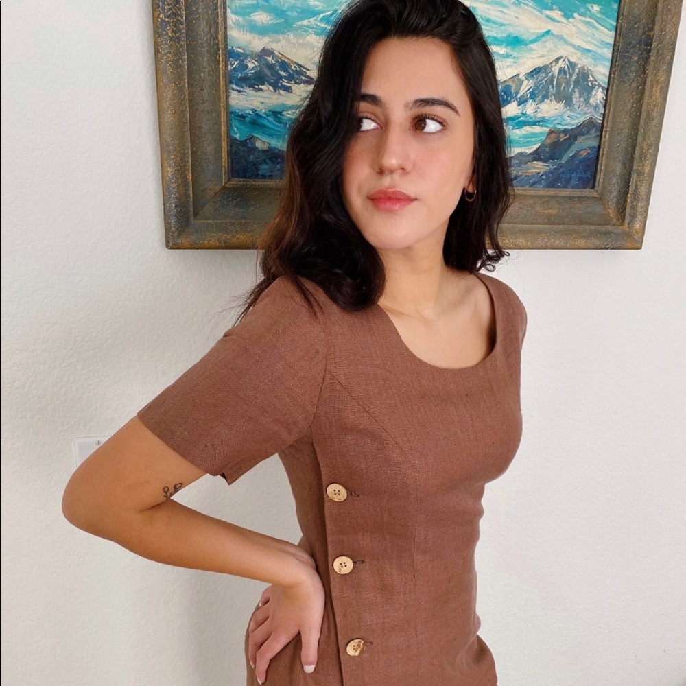 Brown linen side button midi dress